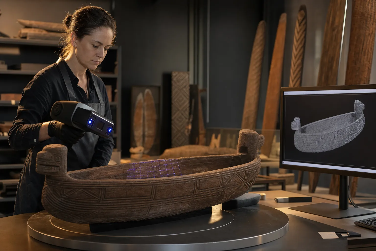 Conservator using a handheld structured-light 3D scanner to capture a carved wooden museum artefact