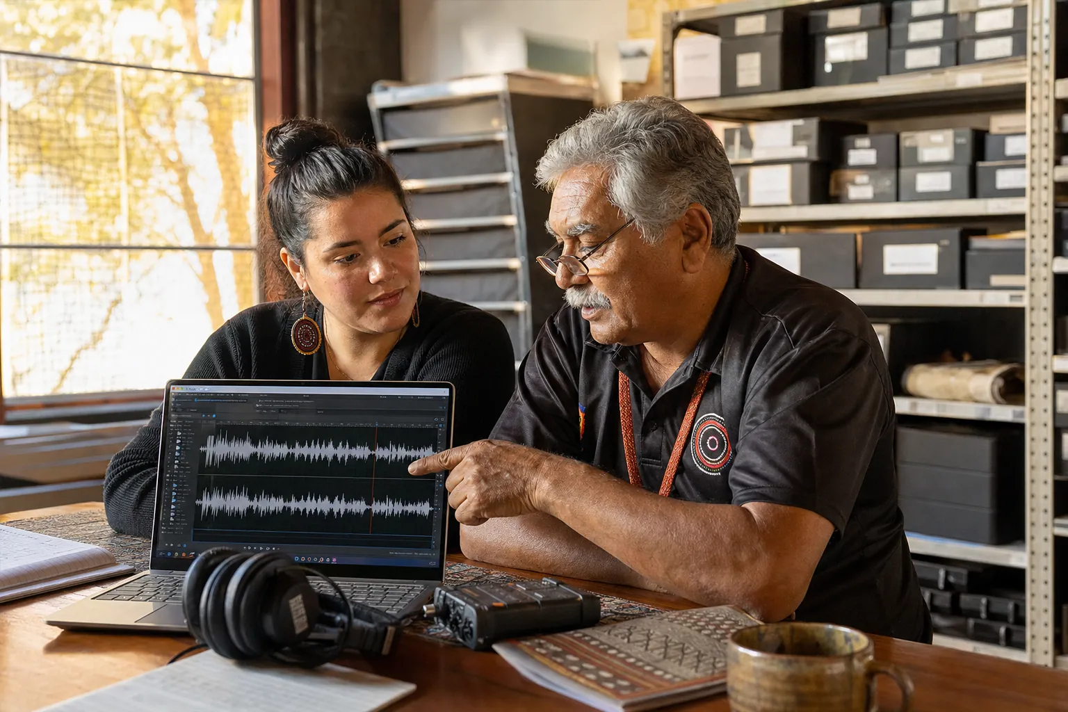 Two people reviewing audio recordings on a laptop at a community language centre