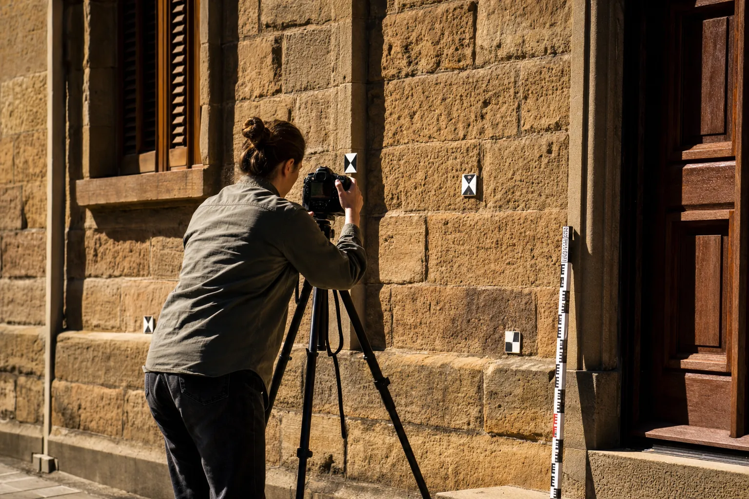 Heritage surveyor photographing the sandstone facade of a historic Australian building for photogrammetry