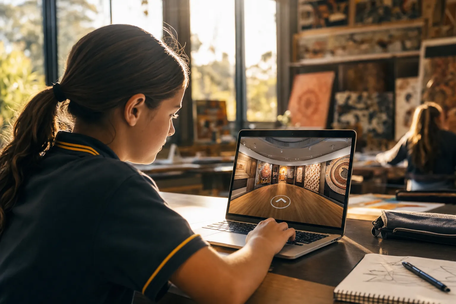 Student exploring a 360-degree virtual museum gallery tour on a laptop in a classroom